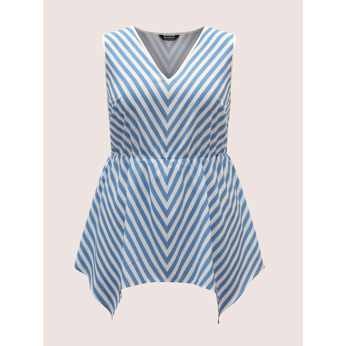 Plus Size Striped Elastic Waist Hanky Hem Tank Top Women LightBlue Casual Contrast V-neck Everyday Tank Tops Camis BloomChic 10/M Product Image