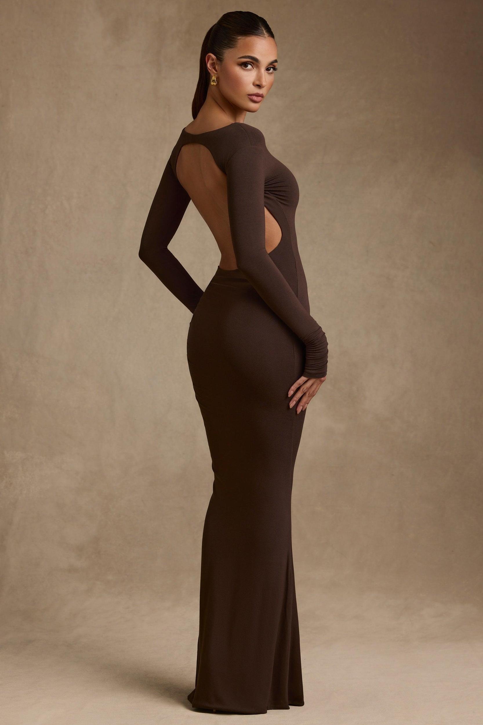 Modal Ruched Backless Maxi Dress in Chocolate Brown Product Image