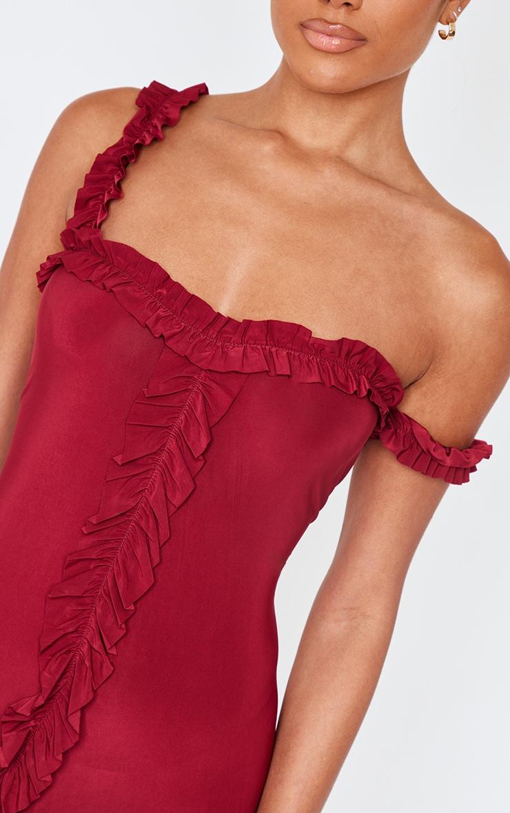 Burgundy Double Layer Slinky Frill Hem Asymetric Midi Dress Product Image