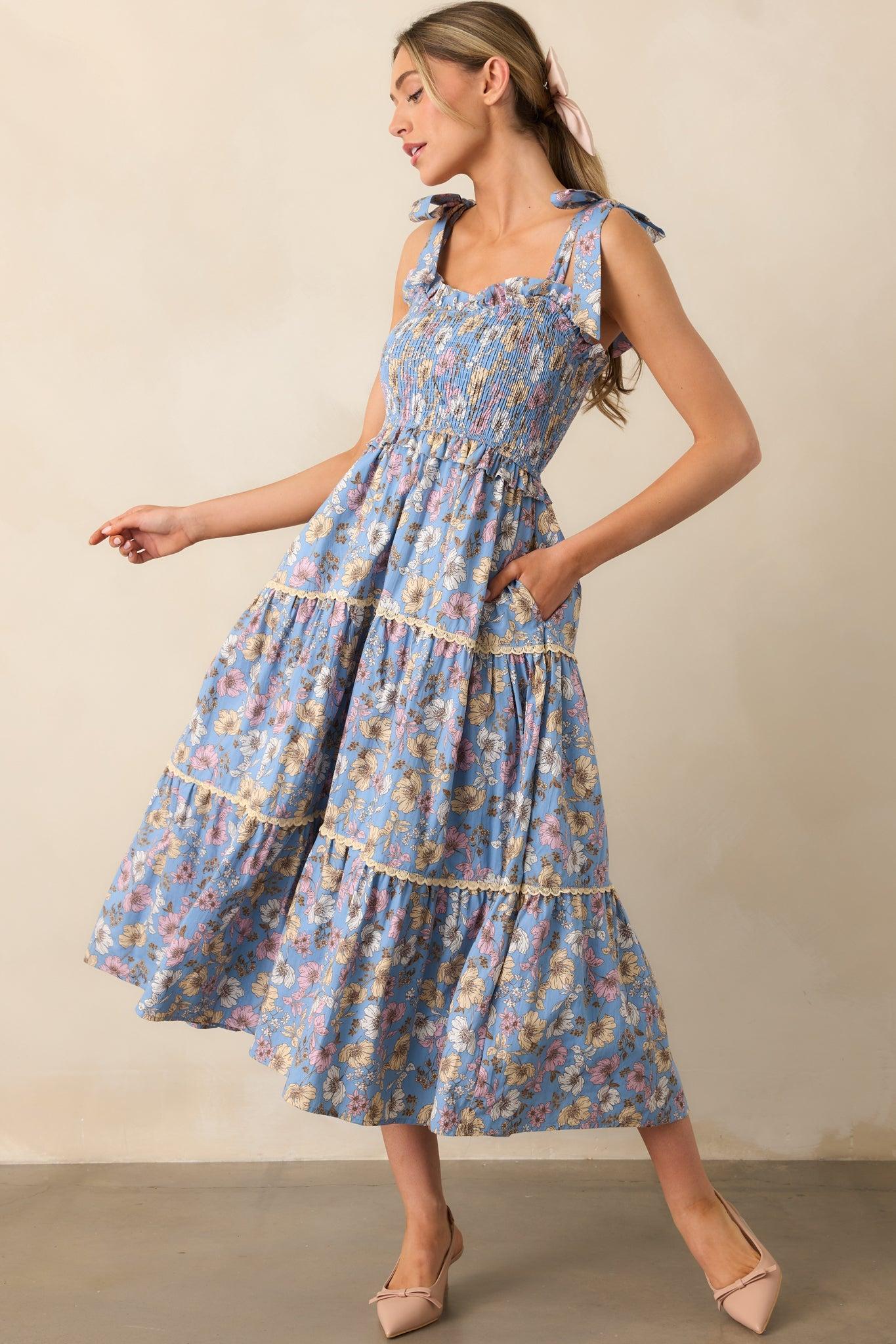 Living A Slow Life Cotton Ash Blue Floral Midi Dress Product Image