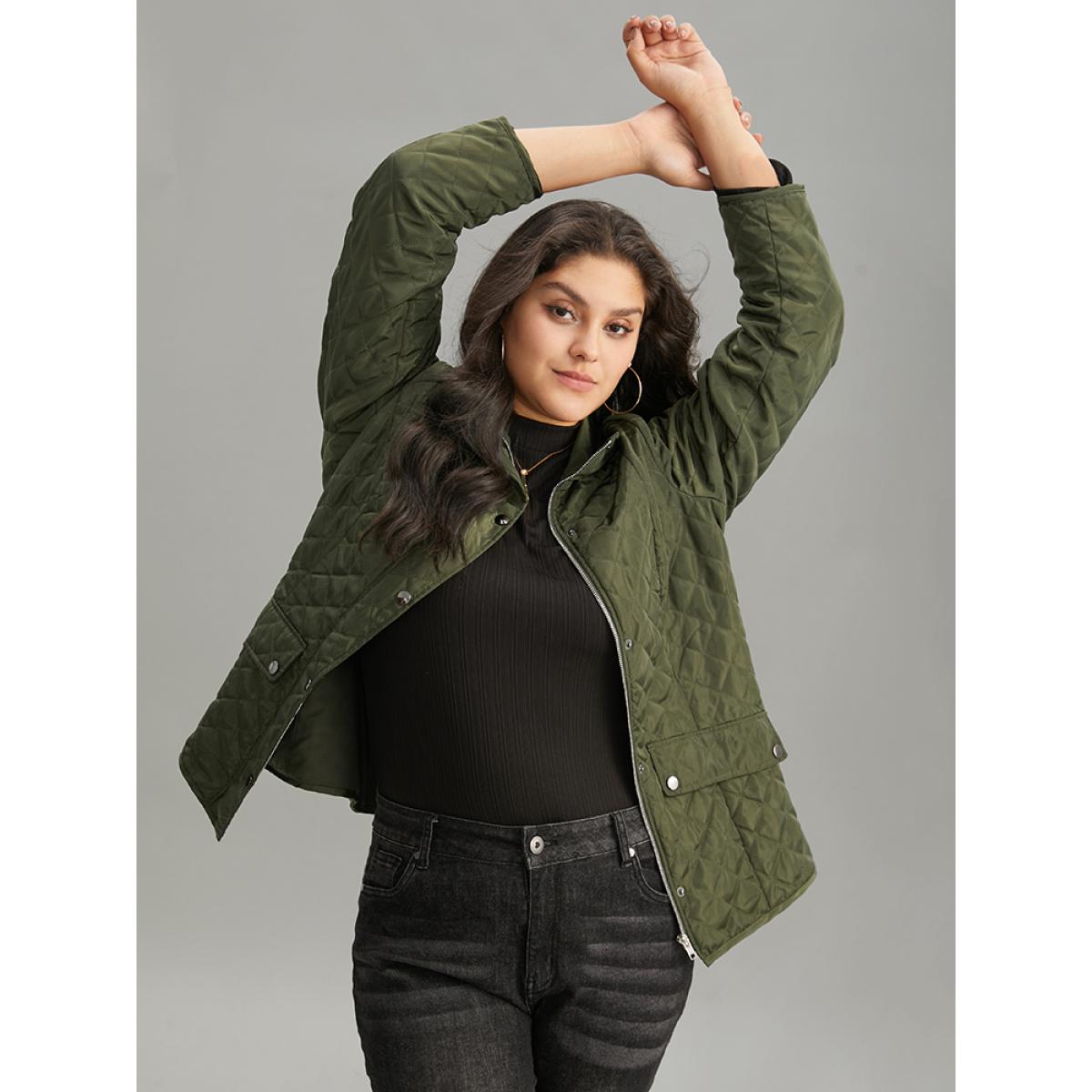 Plus Size Argyle Plaid Flap Pocket Zipper Fly Coat Women ArmyGreen Casual Texture Ladies Dailywear Winter Coats BloomChic 10/M Product Image