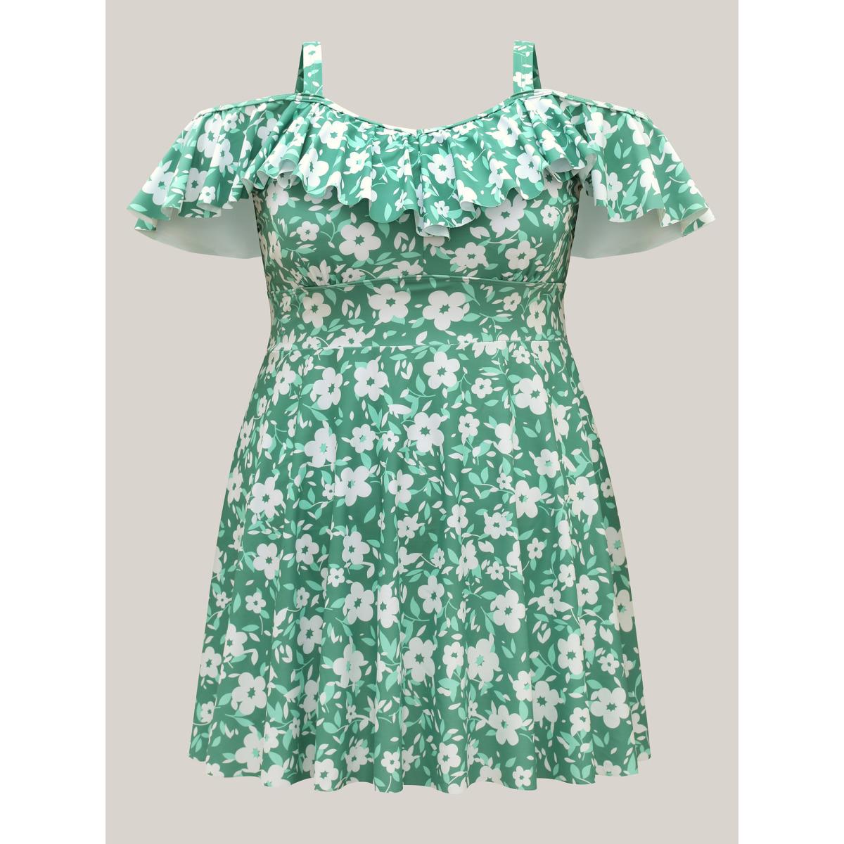 Plus Size Ditsy Floral Print Ruffled Swim Dress Women's Swimwear Greenbean Beach Bodycon One-shoulder neck High stretch Curve Swim Dresses BloomChic 12/L Product Image