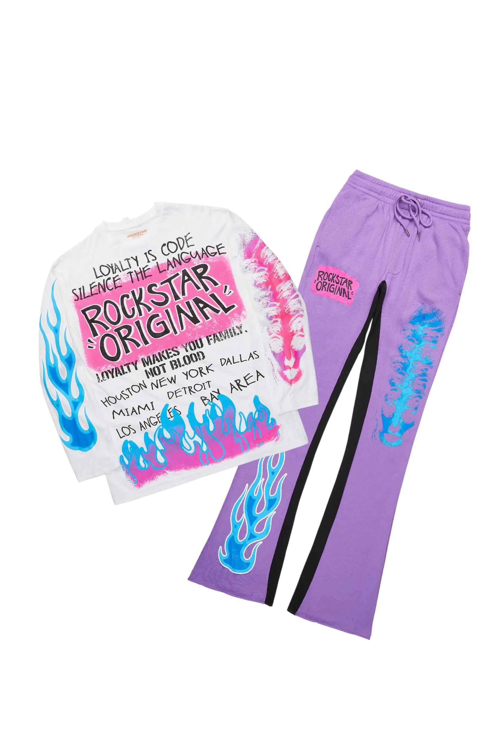 Beno Purple/White Long Sleeve T-Shirt/Baggy Pant Set Male Product Image