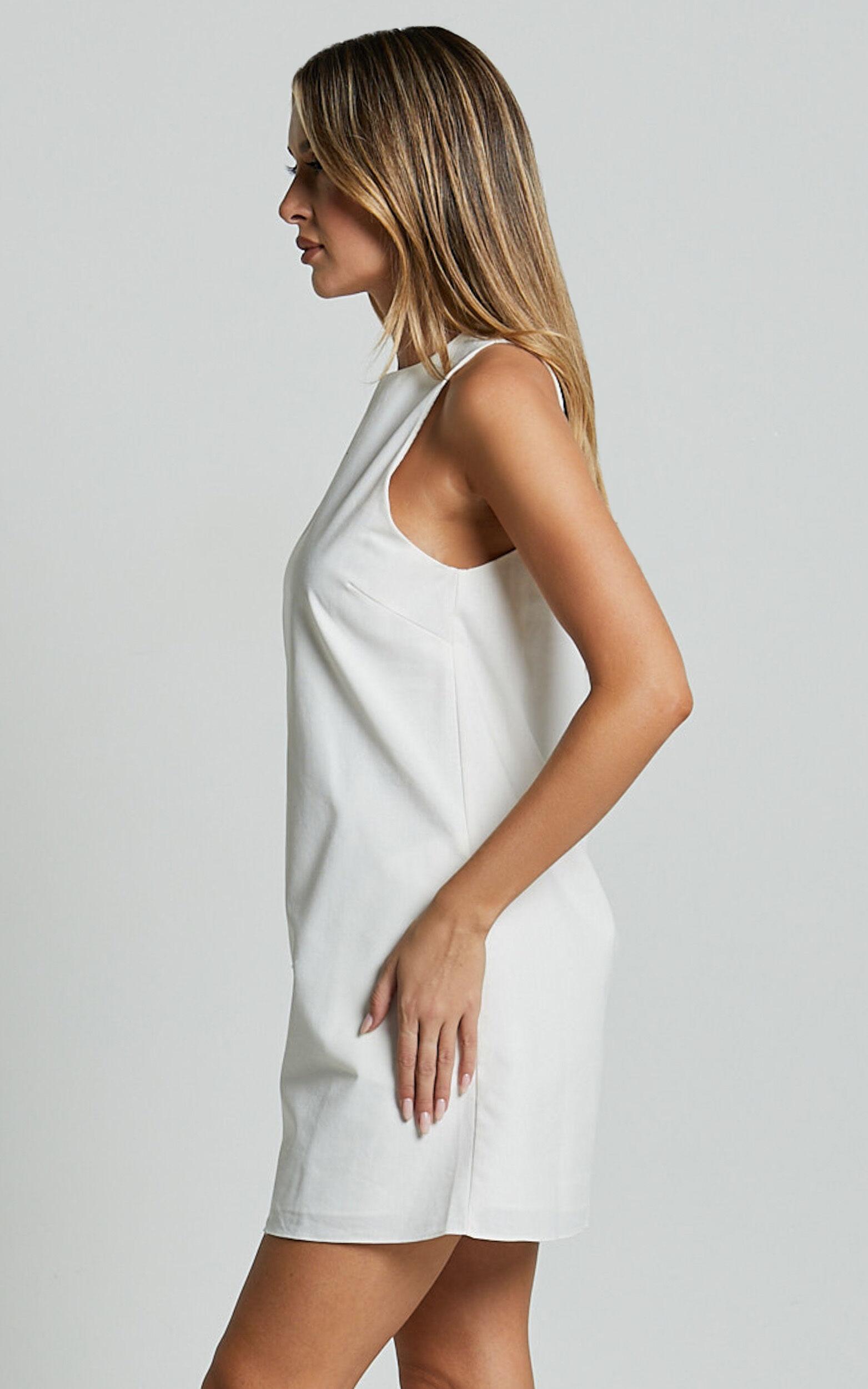 Elda Mini Dress - Linen High Neck Shift Dress in Off White Product Image
