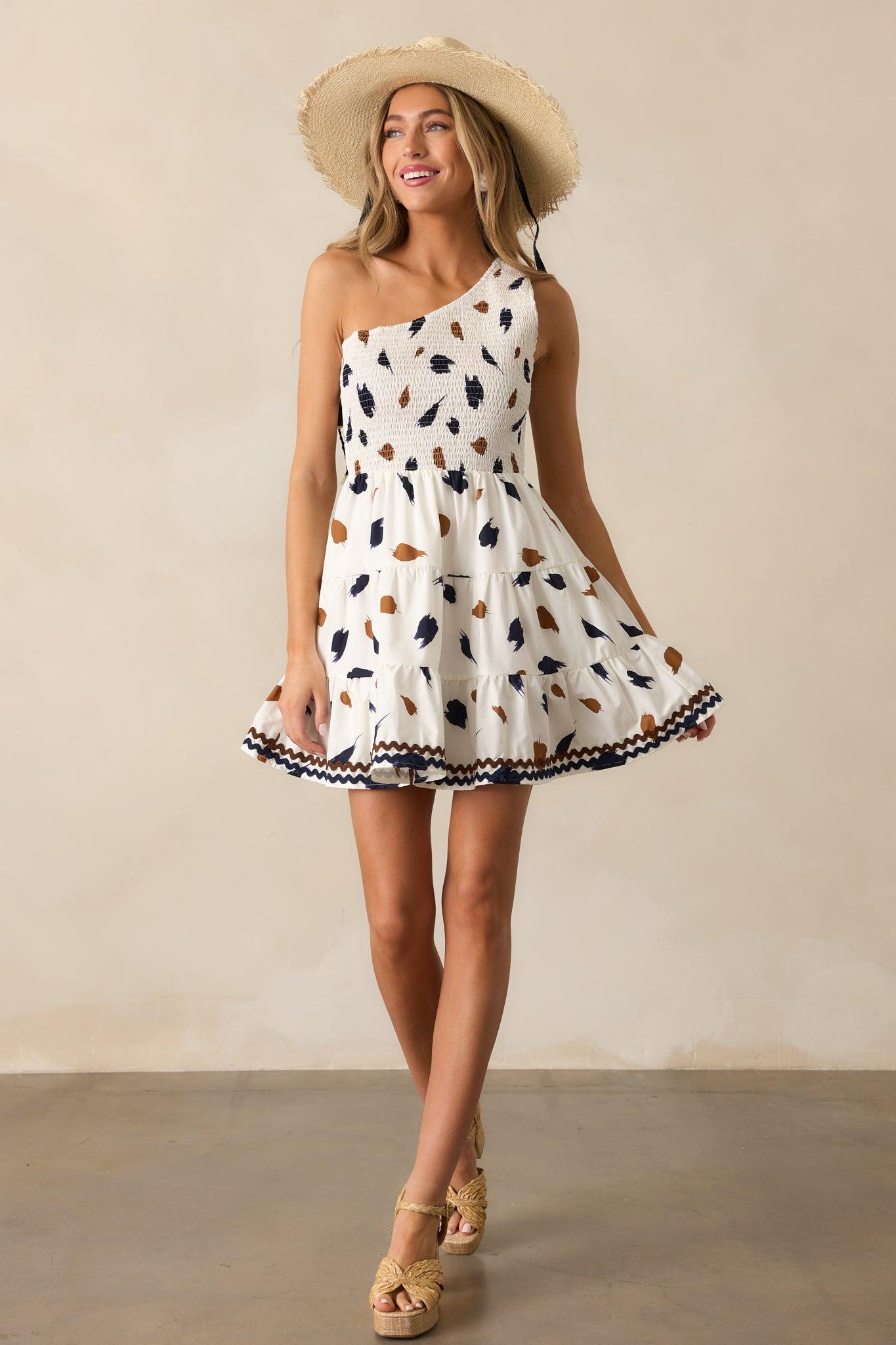 No Need To Worry Cotton Ivory One Shoulder Mini Dress Product Image