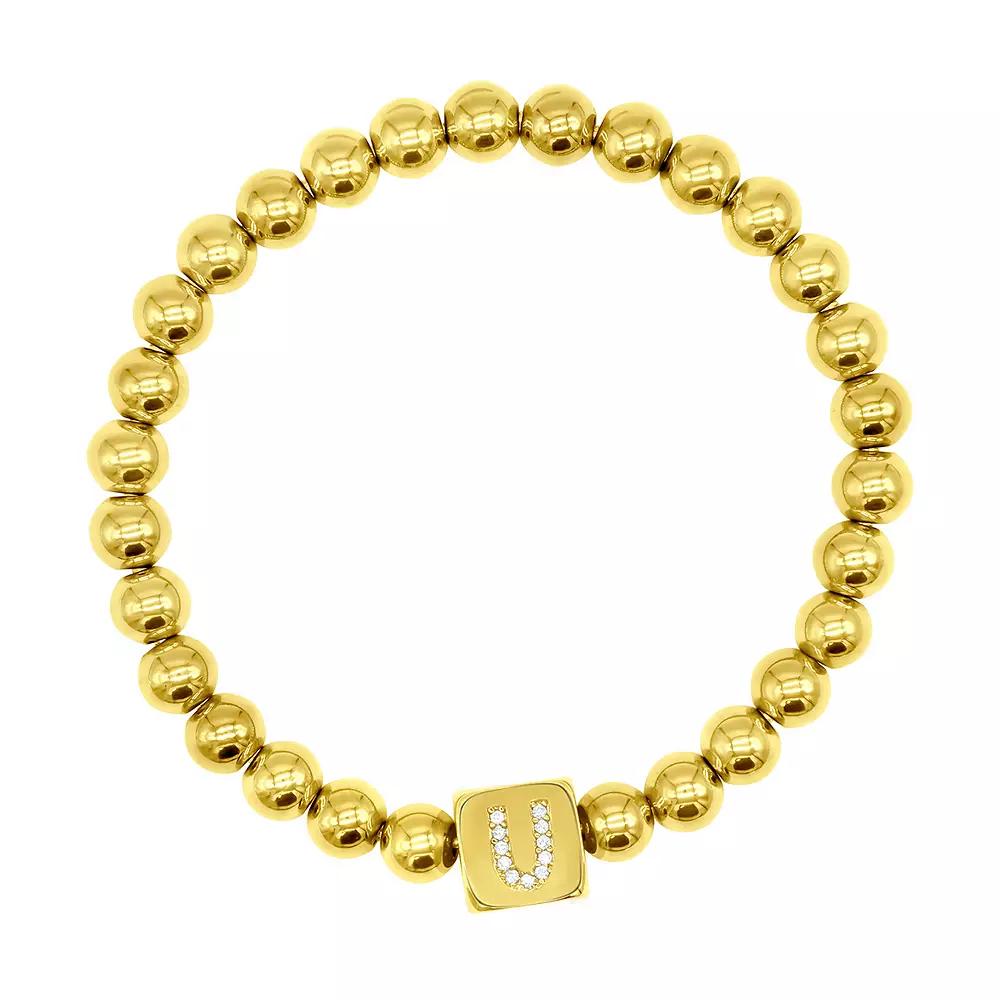 Adornia Gold Tone Initial Cubic Zirconia Cube & Bead Stretch Bracelet, Womens Product Image