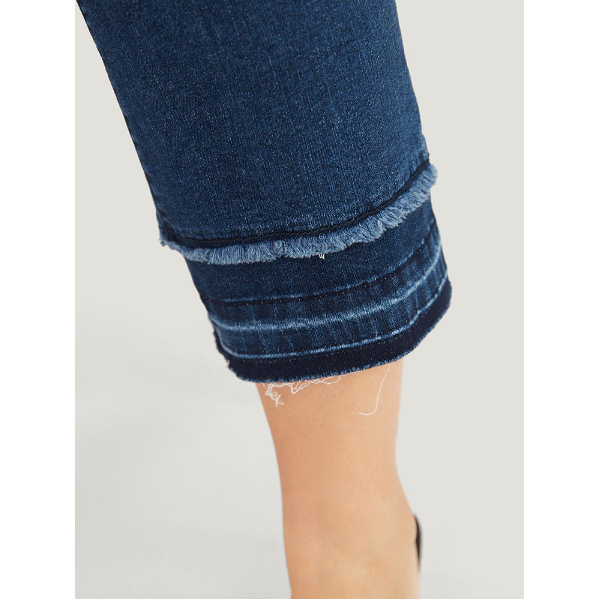 Plus Size Bootcut Very Stretchy High Rise Dark Wash Fringe Detail Jeans Women DarkBlue Casual Plain High stretch Slanted pocket Jeans BloomChic 18/2X Product Image