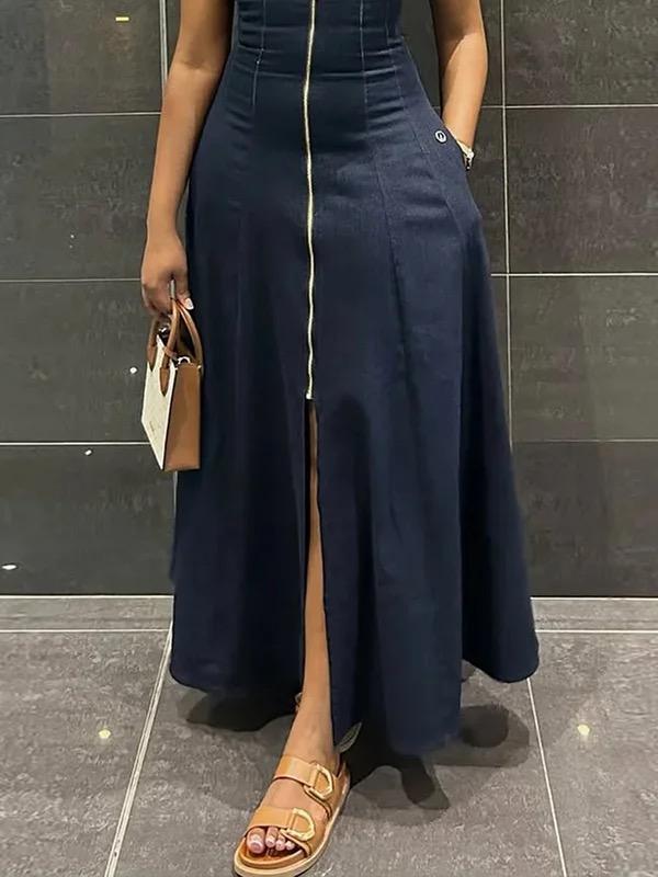 High Waisted Loose Solid Color Split-Front Zipper V-Neck Maxi Dresses Product Image