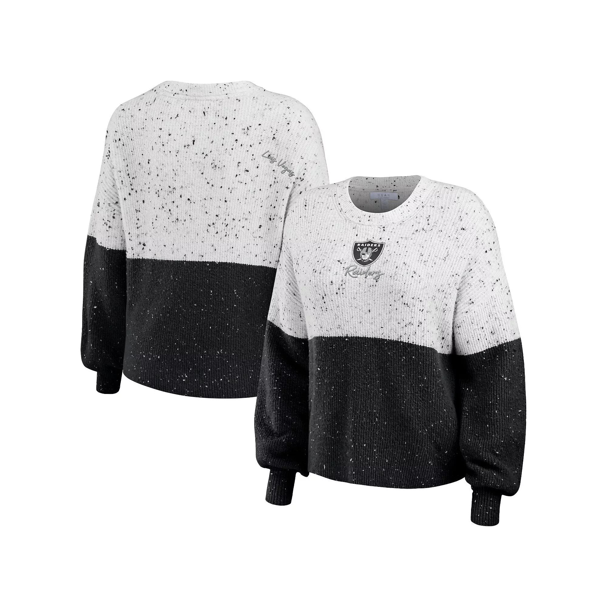 Women's WEAR by Erin Andrews  White/Black Las Vegas Raiders Lighweight Modest Crop Color-Block Pullover Sweater, Size: Medium, Lvr White Product Image