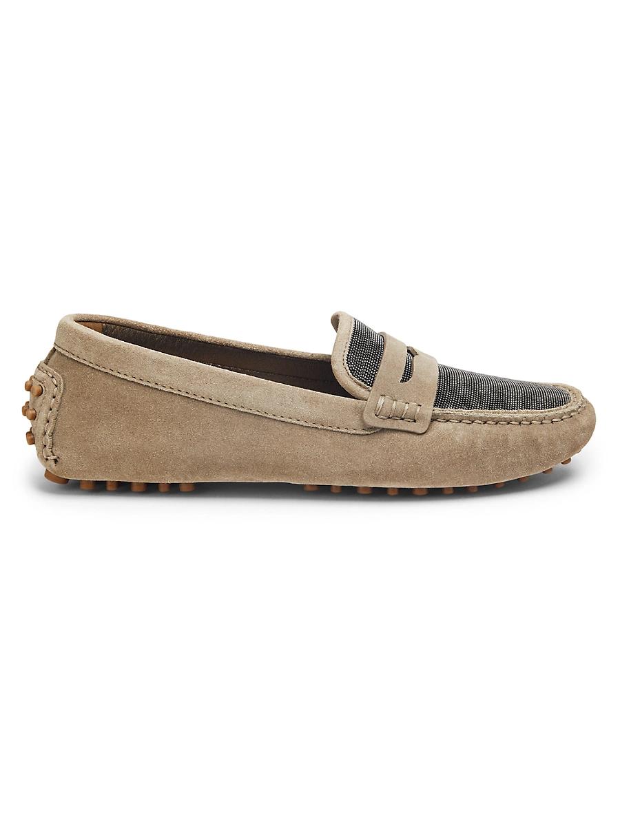 Womens Monili-Embellished Suede Penny Loafers Product Image