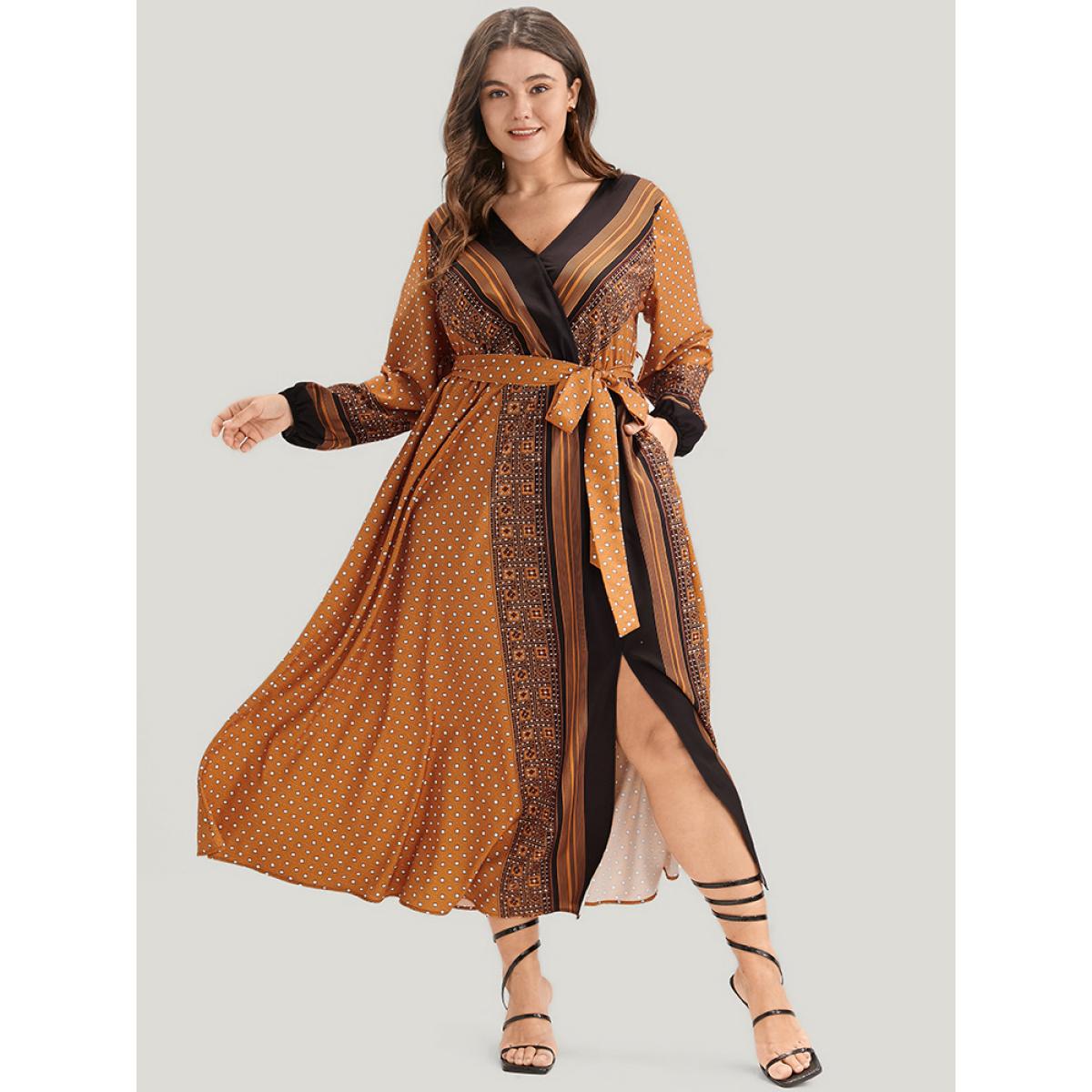 Plus Size Geometric Split Pocket Belted Wrap Lantern Sleeve Dress Bronze Women Vacation Belted V-neck Long Sleeve Curvy Midi Dress BloomChic 22-24/3X Product Image
