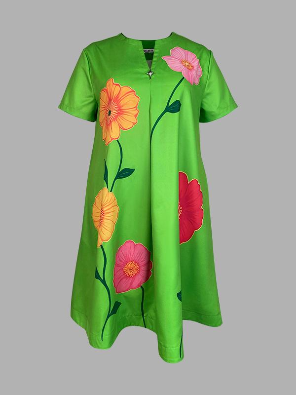 A-Line Loose Flower Print V-Neck Midi Dresses Product Image