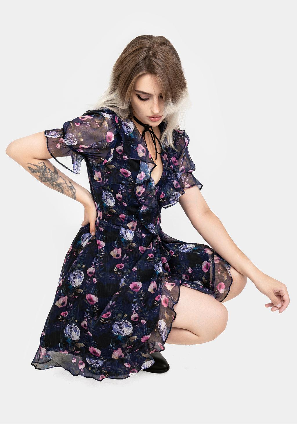 Socordia Floral Moon Chiffon Frill Wrap Mini Dress Product Image