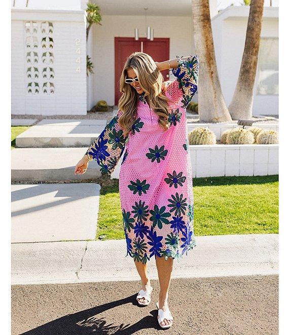 J.Marie Emery Lace High Neck 3/4 Sleeve Scalloped Hem Midi Shift Dress Product Image