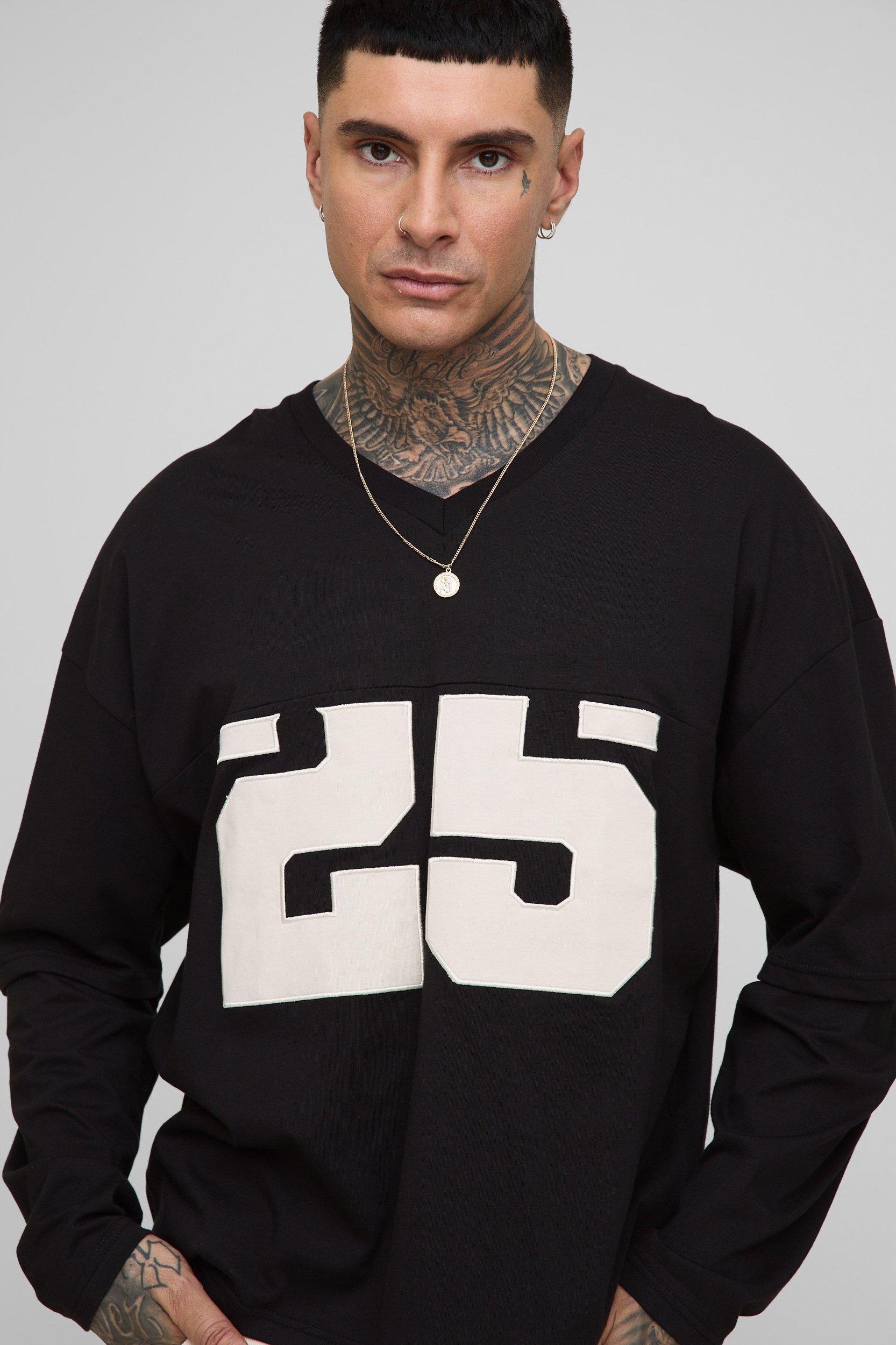 Tall Oversized Boxy Varsity Applique Faux Layer Long Sleeve T-Shirt | boohooMAN USA Product Image