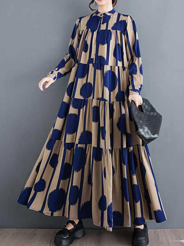 A-Line Long Sleeves Buttoned Pleated Polka-Dot Split-Joint Stand Collar Maxi Dresses Shirt Dress Product Image