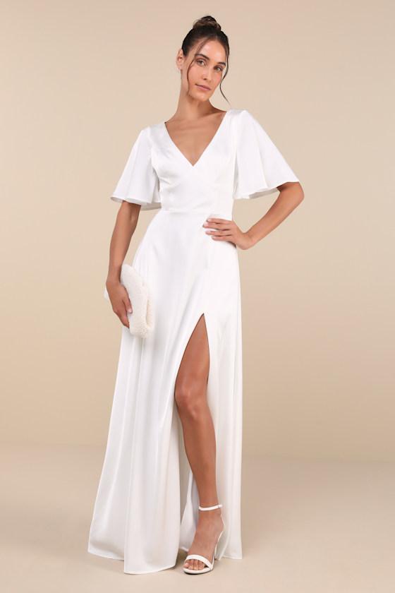 Elegant Confidence White Satin Flutter Sleeve Cutout Maxi Dress Product Image