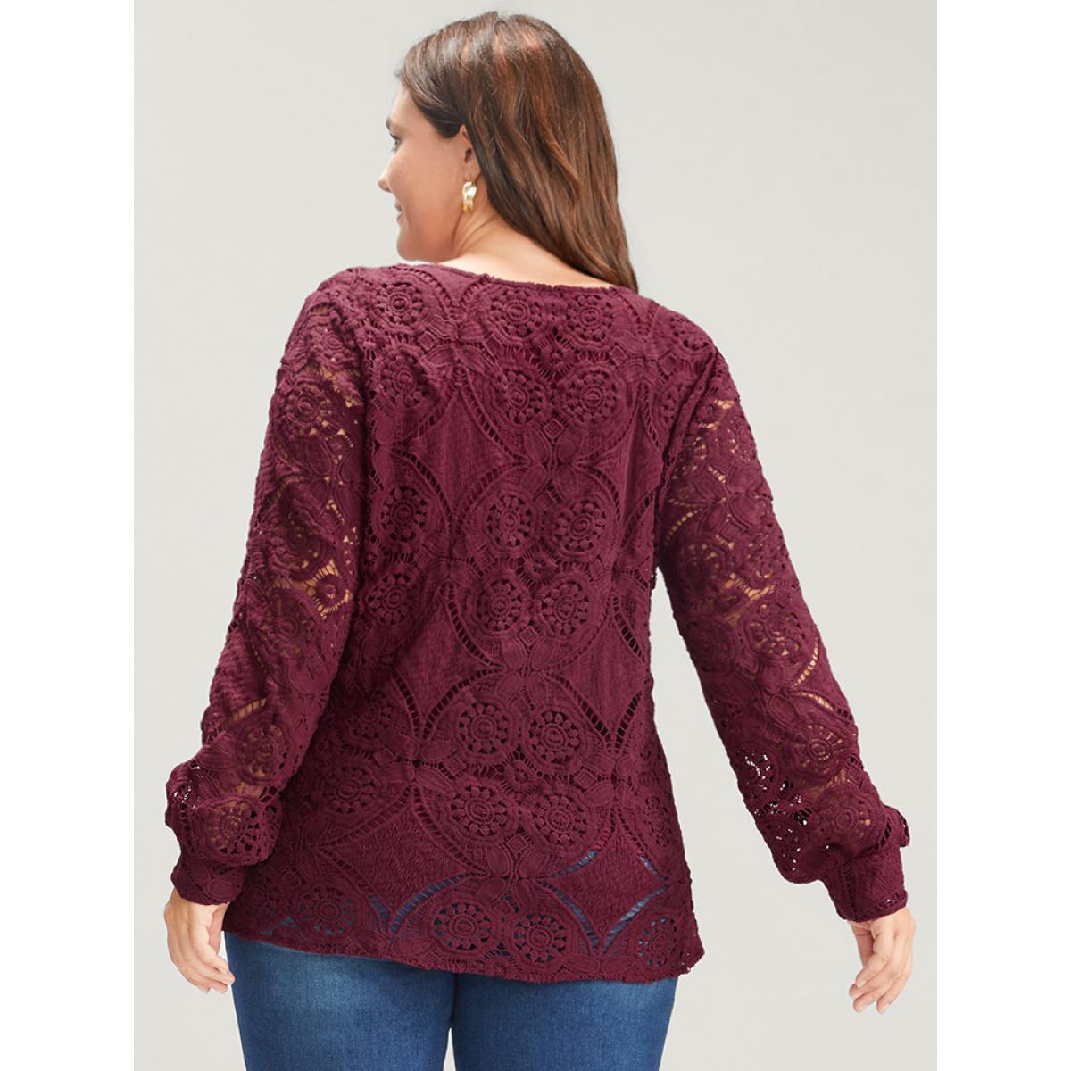 Plus Size Burgundy Solid Crossover Hem Lace Blouse Women Glamour Long Sleeve V-neck Going out Blouses BloomChic 14-16/1X Product Image