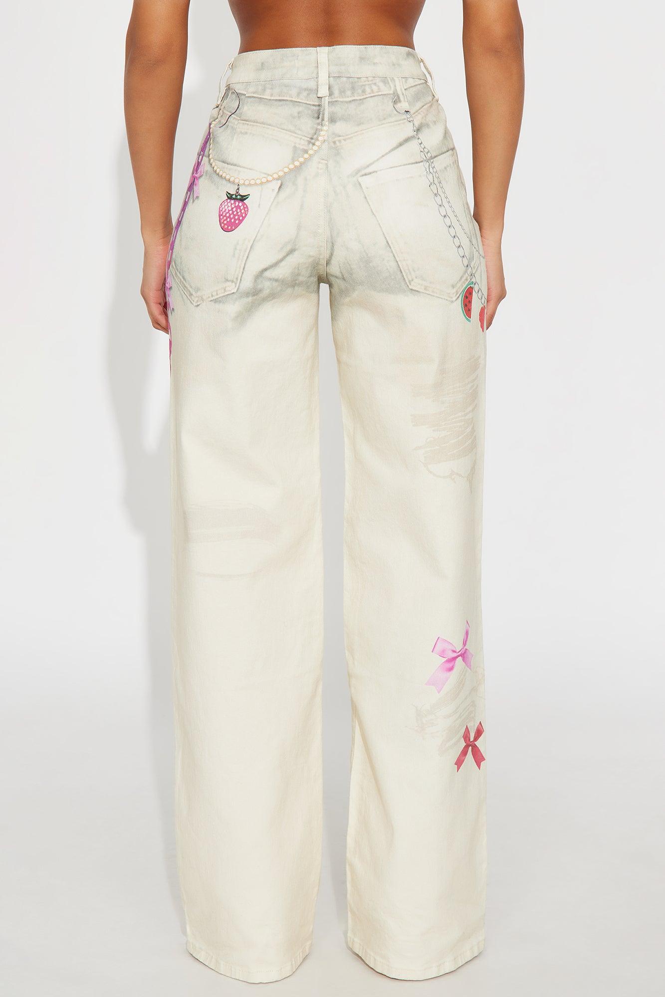 Cherry On Top Printed Wide Leg Jeans - Ivory Female Product Image