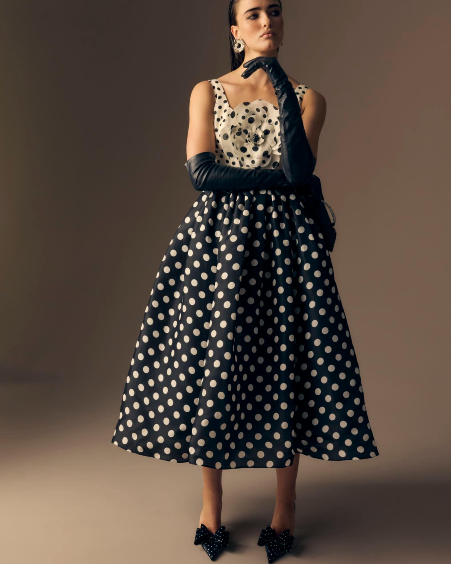 Polka-Dot Flower Sleeveless Tea-Length Dress Product Image