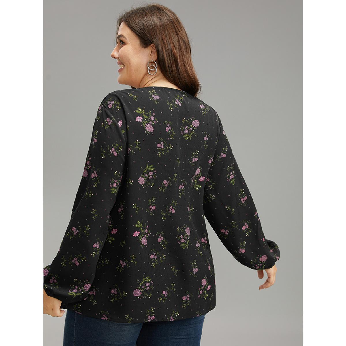 Plus Size RedViolet Ditsy Floral Lantern Sleeve Frill Trim Blouse Women Elegant Long Sleeve V-neck Dailywear Blouses BloomChic 10/M Product Image