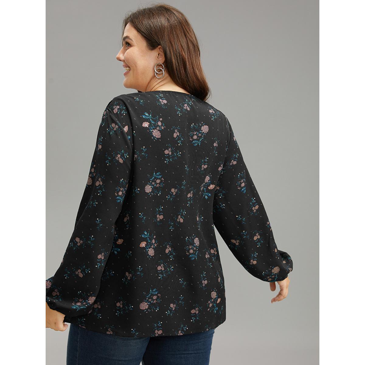 Plus Size Yellow Ditsy Floral Lantern Sleeve Frill Trim Blouse Women Elegant Long Sleeve V-neck Dailywear Blouses BloomChic 14-16/1X Product Image