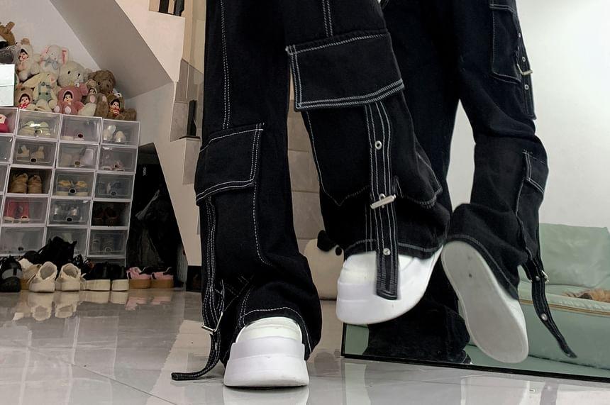 High Rise Contrast Stitching Buckled Loose Fit Cargo Jeans Product Image