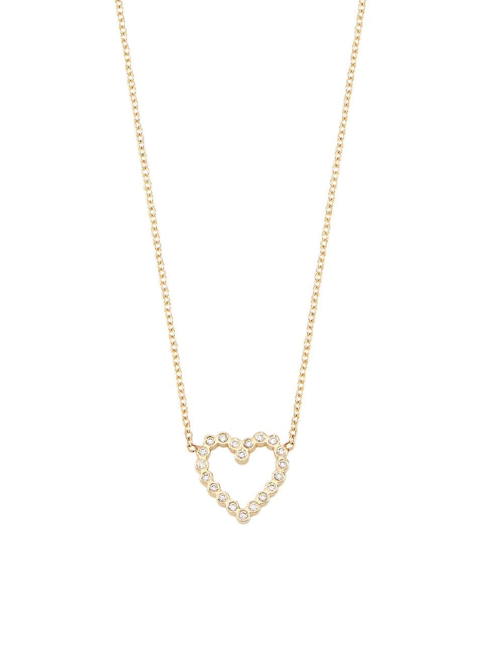 Womens 14K Yellow Gold & Diamond Small Open Heart Pendant Necklace Product Image