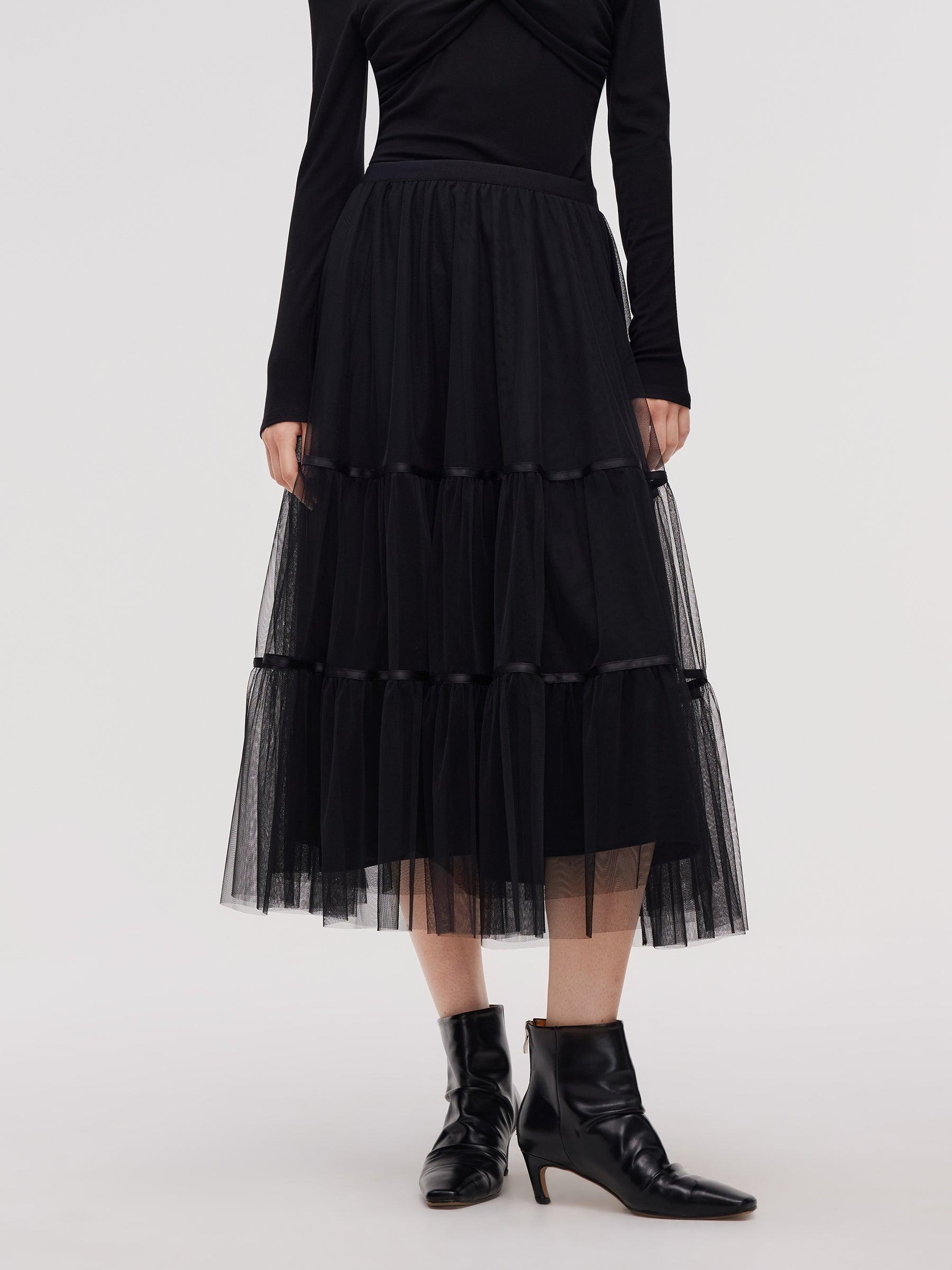 Mesh Tiered Women Elastic Waist Skirt Product Image