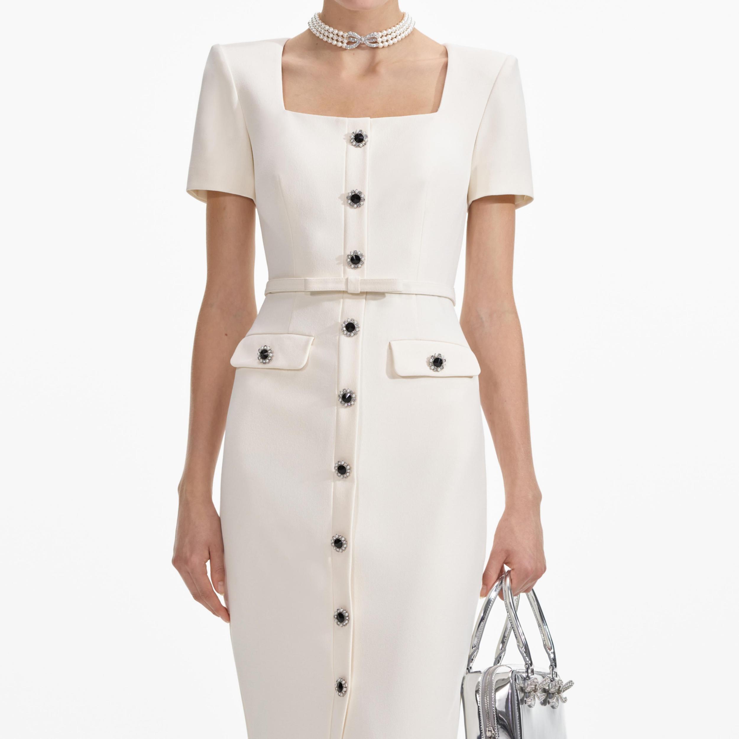 Cream Crepe Button Midi Dress Product Image