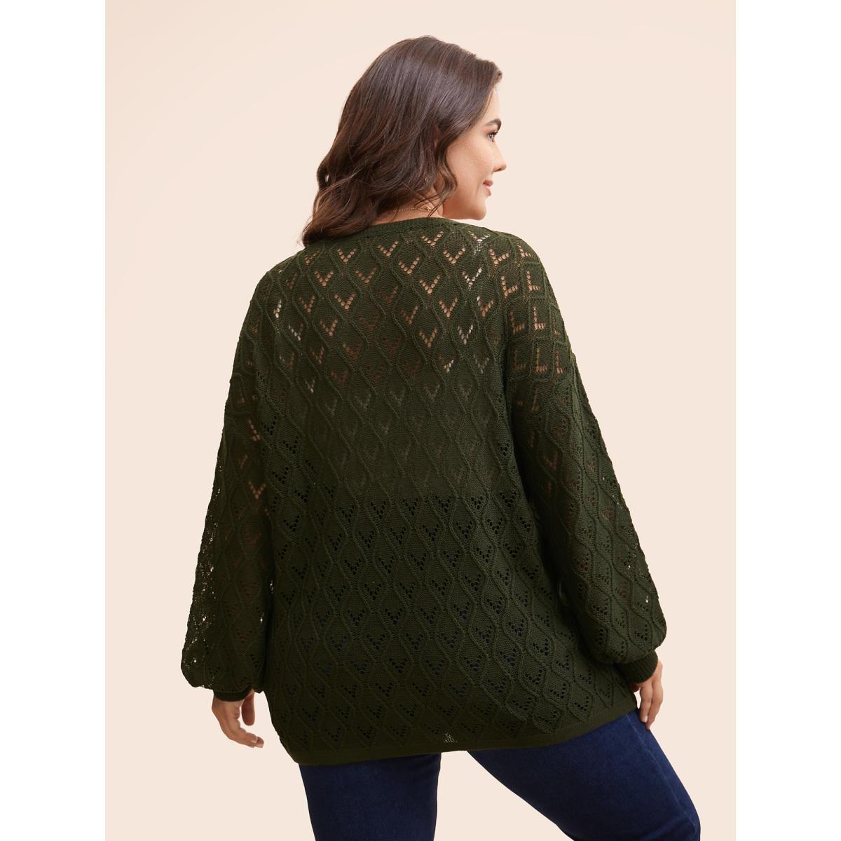 Plus Size Texture Button Up Hollow Out Cardigan ArmyGreen Women Casual Loose Three Quater Length Sleeve Everyday Cardigans BloomChic 12/L Product Image