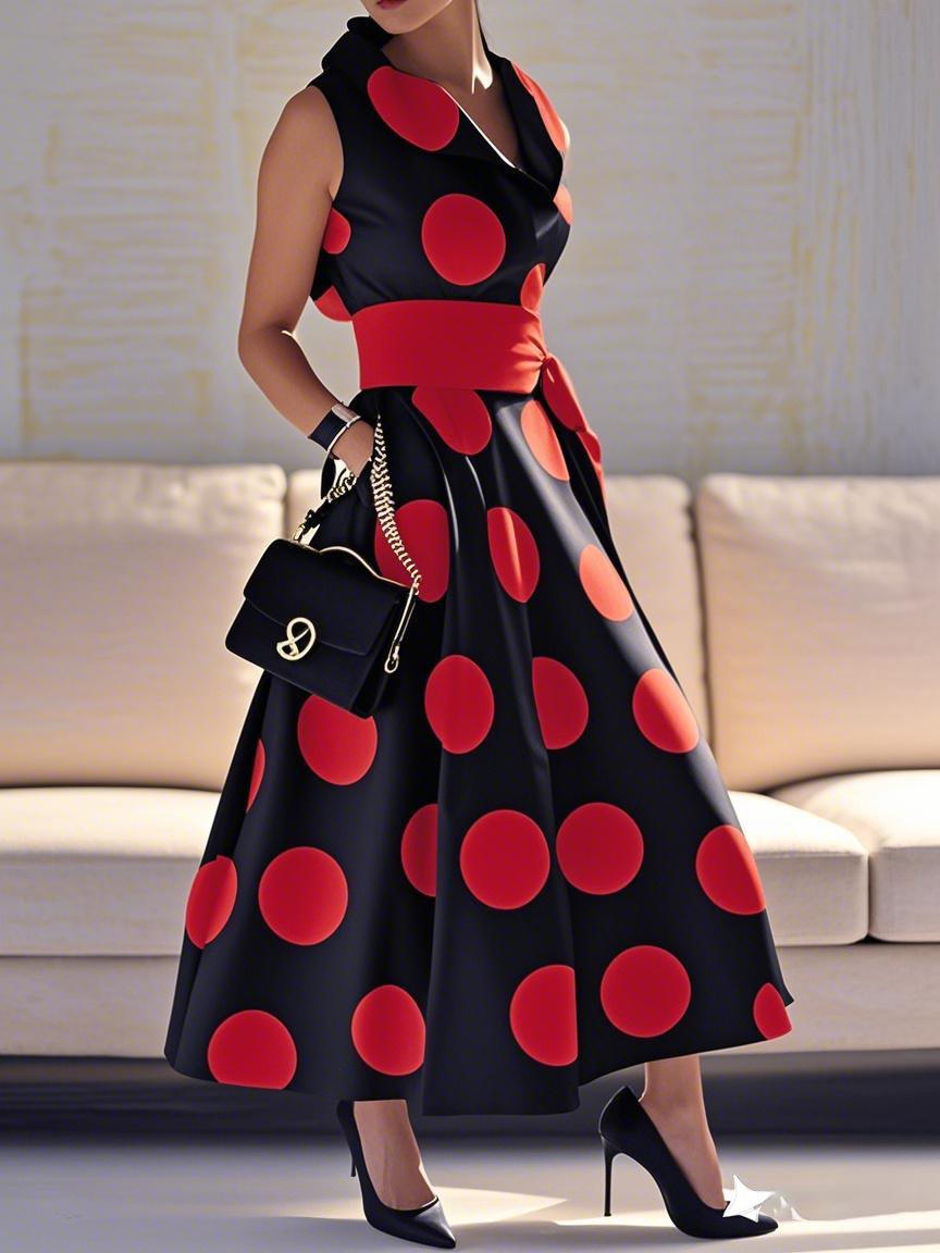 A-Line Loose Pockets Polka-Dot Split-Joint Tied Waist Lapel Maxi Dresses Shirt Dress Product Image