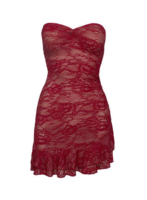 Hailees Lace Strapless Mini Dress Red Petite Product Image