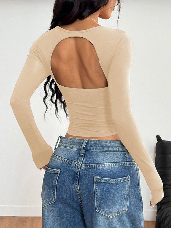 Long Sleeves Skinny Backless Pleated Solid Color Square-Neck T-Shirts Tops Product Image