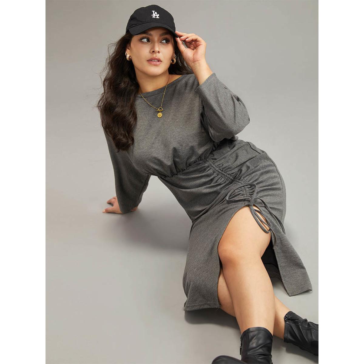 Plus Size Split Hem Drawstring Batwing Sleeve Dress DimGray Women Casual Plain Round Neck Elbow-length sleeve Curvy Midi Dress BloomChic 22-24/3X Product Image