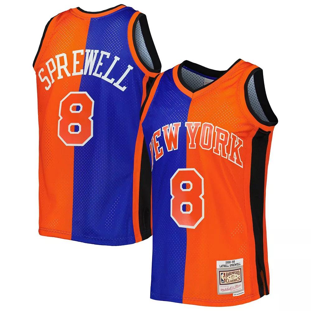Men's Mitchell & Ness Latrell Sprewell Blue/Orange New York Knicks Hardwood Classics 1998-99 Split Swingman Jersey, Size: Small Product Image