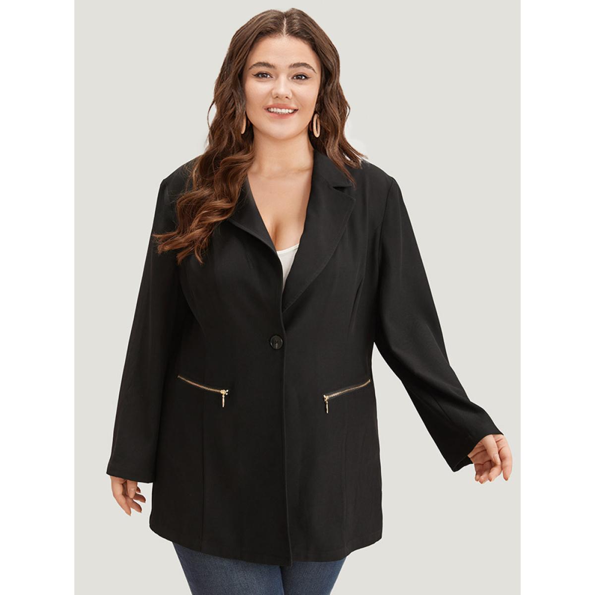 Plus Size Lapel Collar Zipper Button Up Blazer Black Women Office Plain Plain Sleeve Long Sleeve Lapel Collar 14-16/1X Pocket Office Blazers BloomChic Product Image