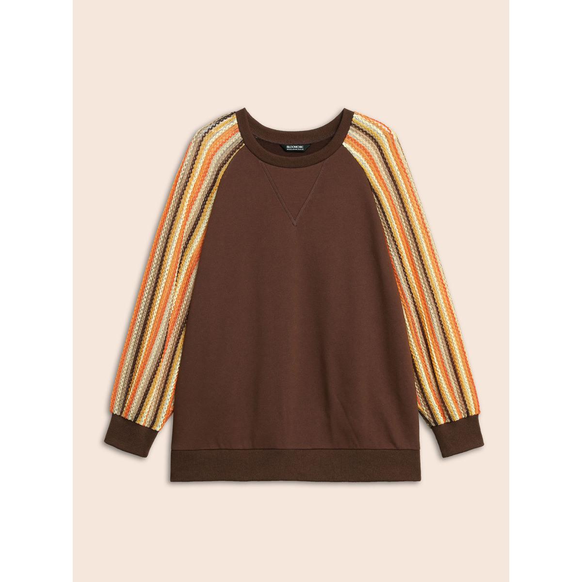 Plus Size Striped Textured Patchwork Raglan Sleeve Sweatshirt Women DarkBrown Casual Texture Round Neck Everyday Sweatshirts BloomChic 14-16/1X Product Image