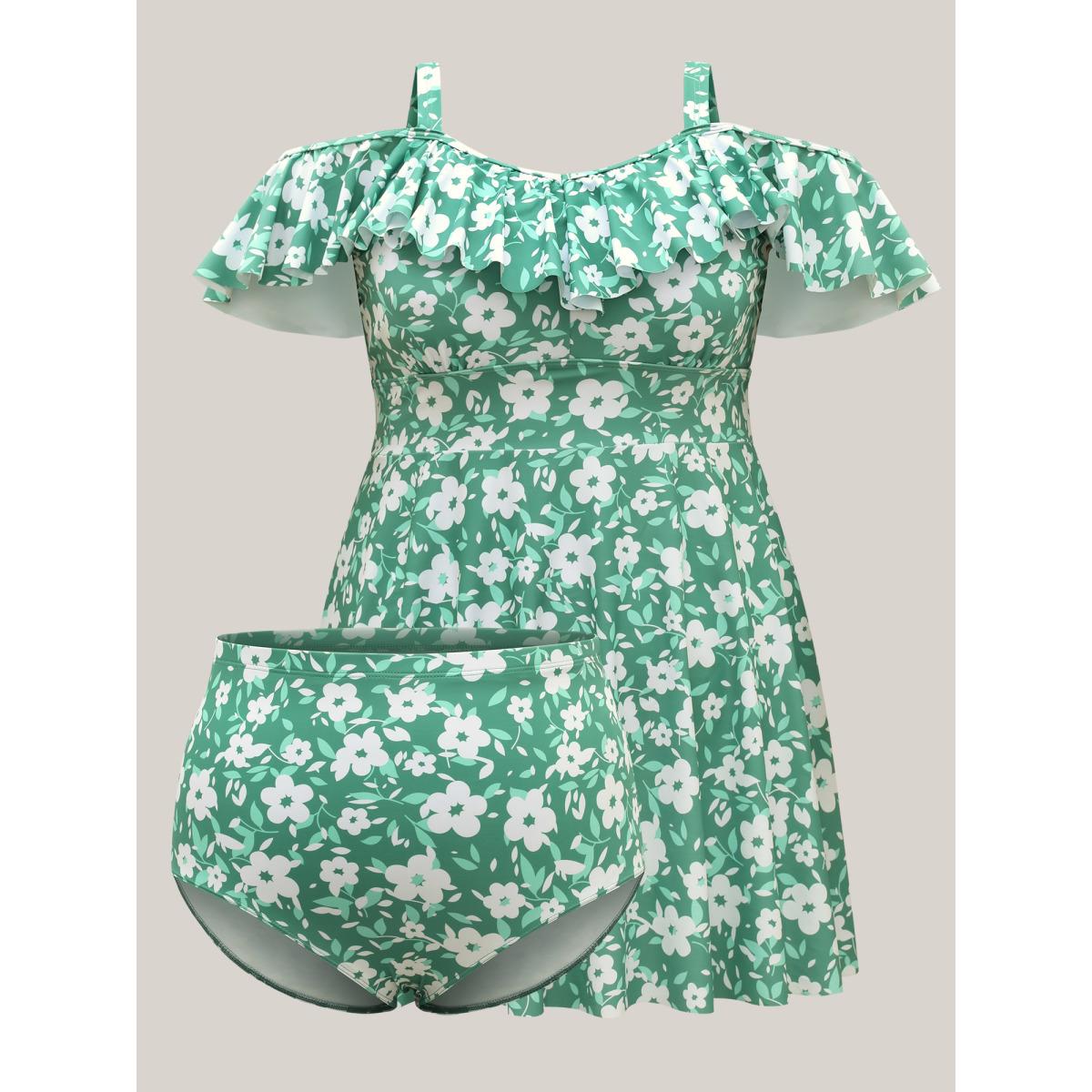 Plus Size Ditsy Floral Print Ruffled Swim Dress Women's Swimwear Greenbean Beach Bodycon One-shoulder neck High stretch Curve Swim Dresses BloomChic 12/L Product Image