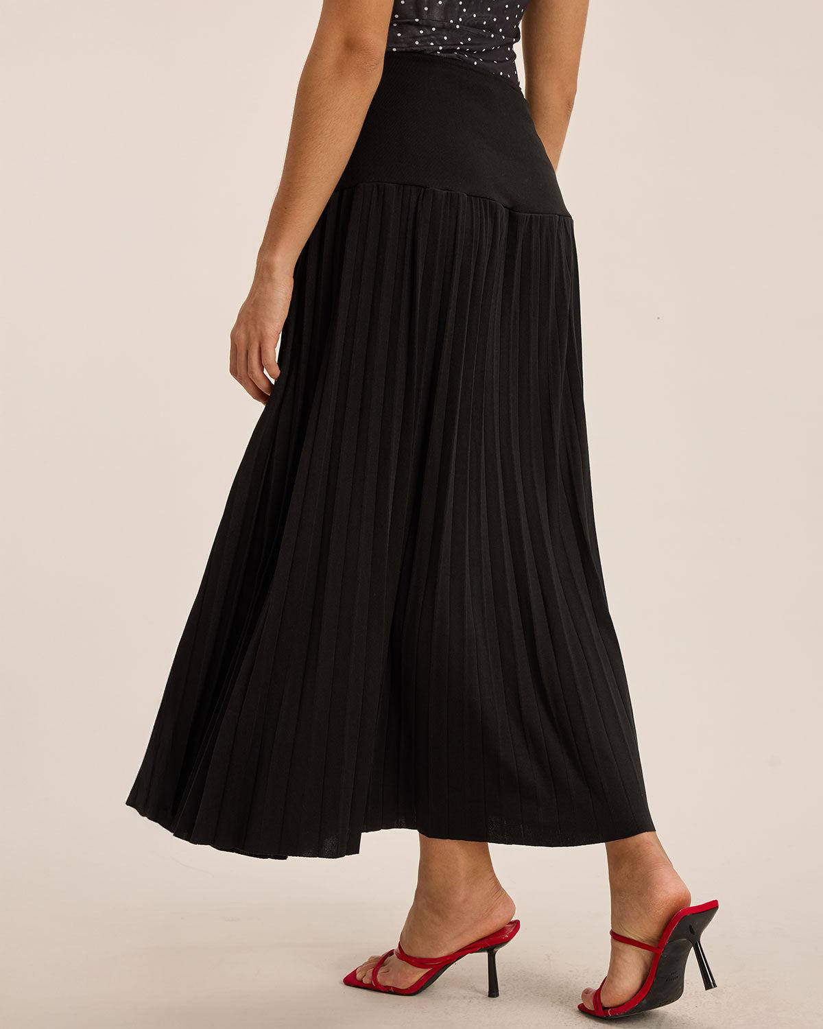 Black Elastic Waist Pleated Midi Skirt Product Image