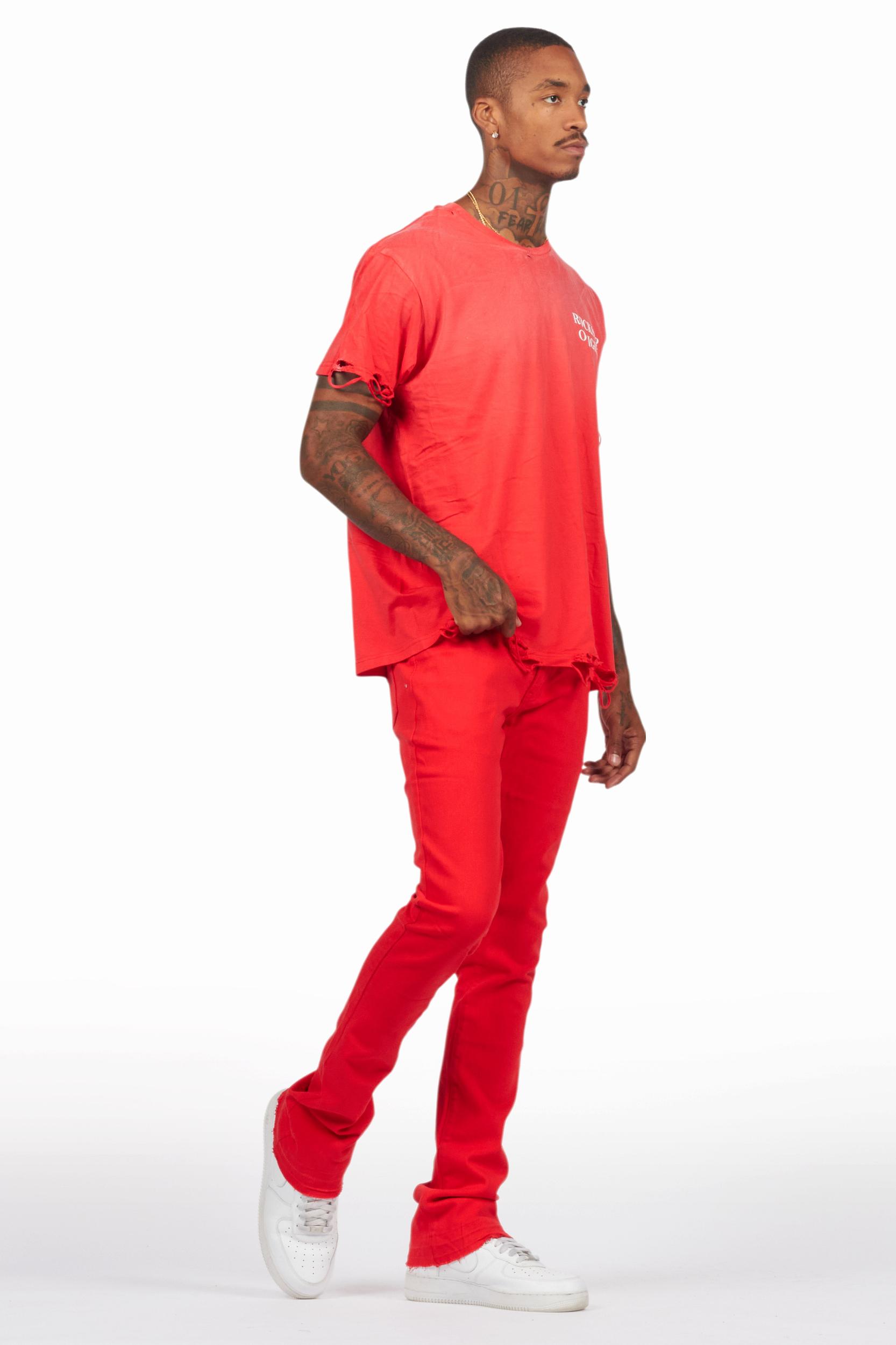 Drako Red/White Oversized Graphic T-Shirt/Dag Stacked Flare Jean Set Male Product Image