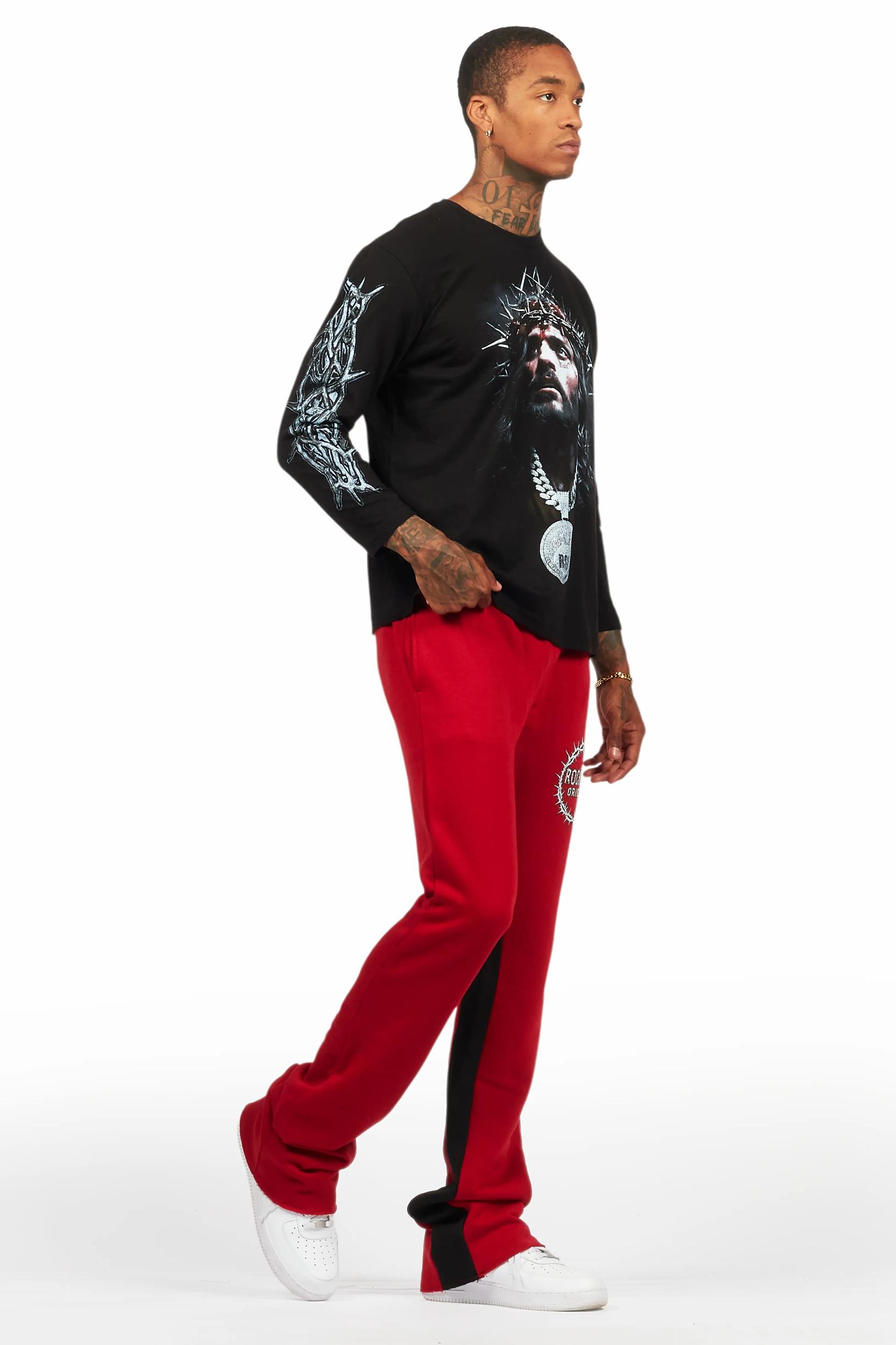 Amina Black/Burgundy Long Sleeve T-Shirt/Baggy Pant Set Male Product Image