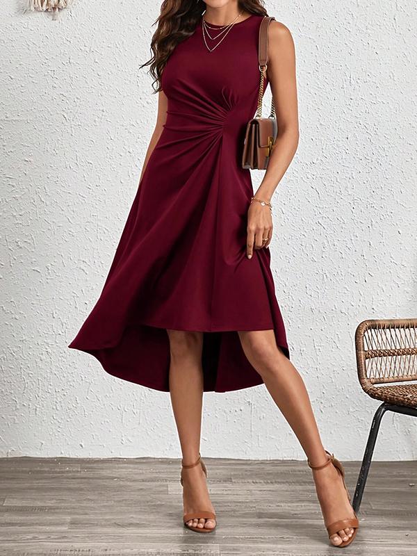 A-Line High Waisted Asymmetric Pleated Solid Color Split-Joint Round-Neck Midi Dresses Product Image