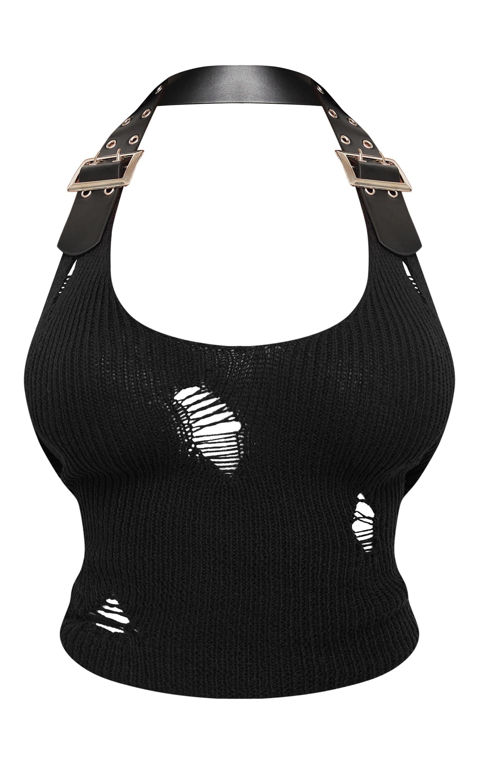 Shape Black Knit Buckle Detail Halterneck Top Product Image