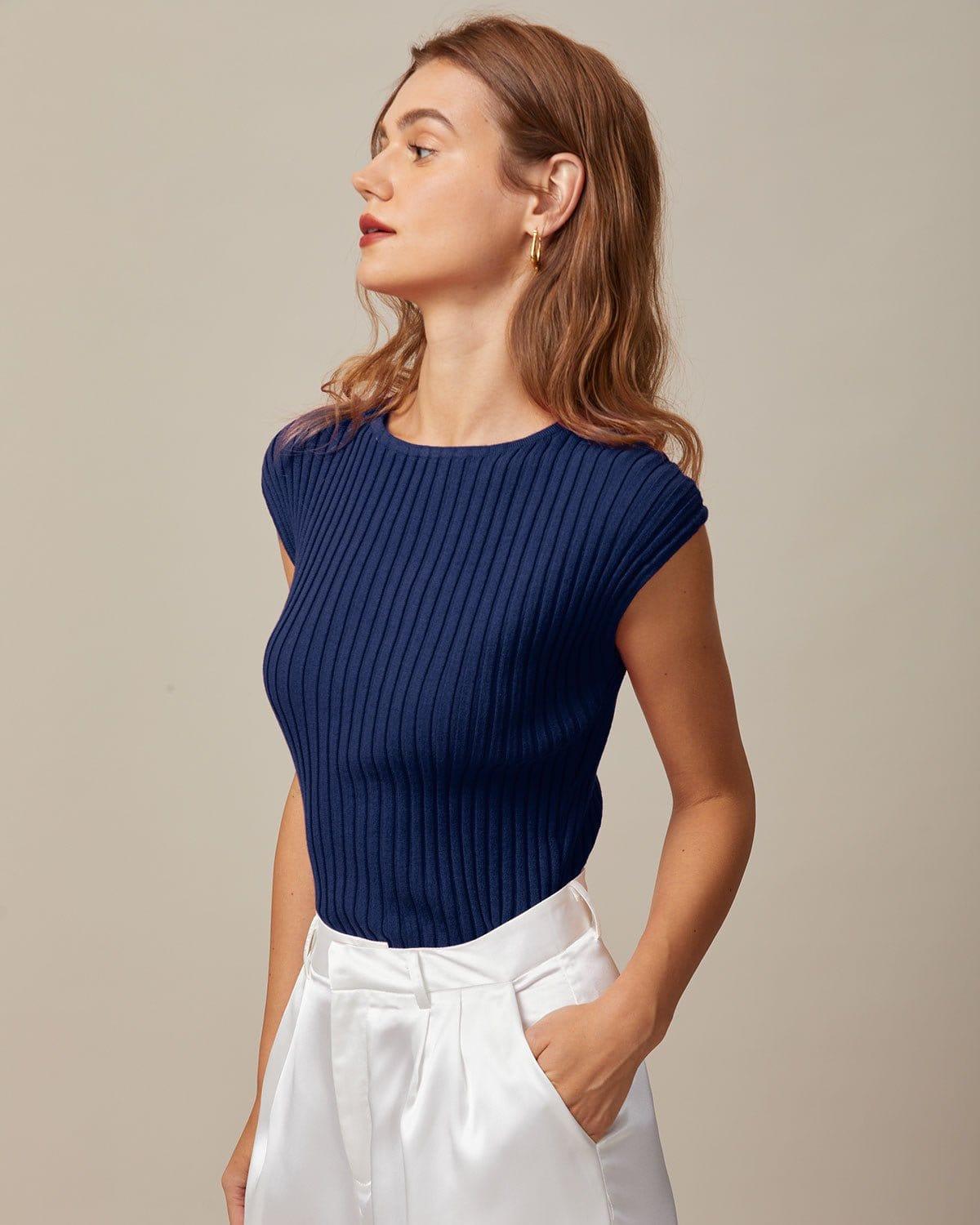 The Blue Boat Neck Ribbed Cap Sleeve Knit Tee Product Image