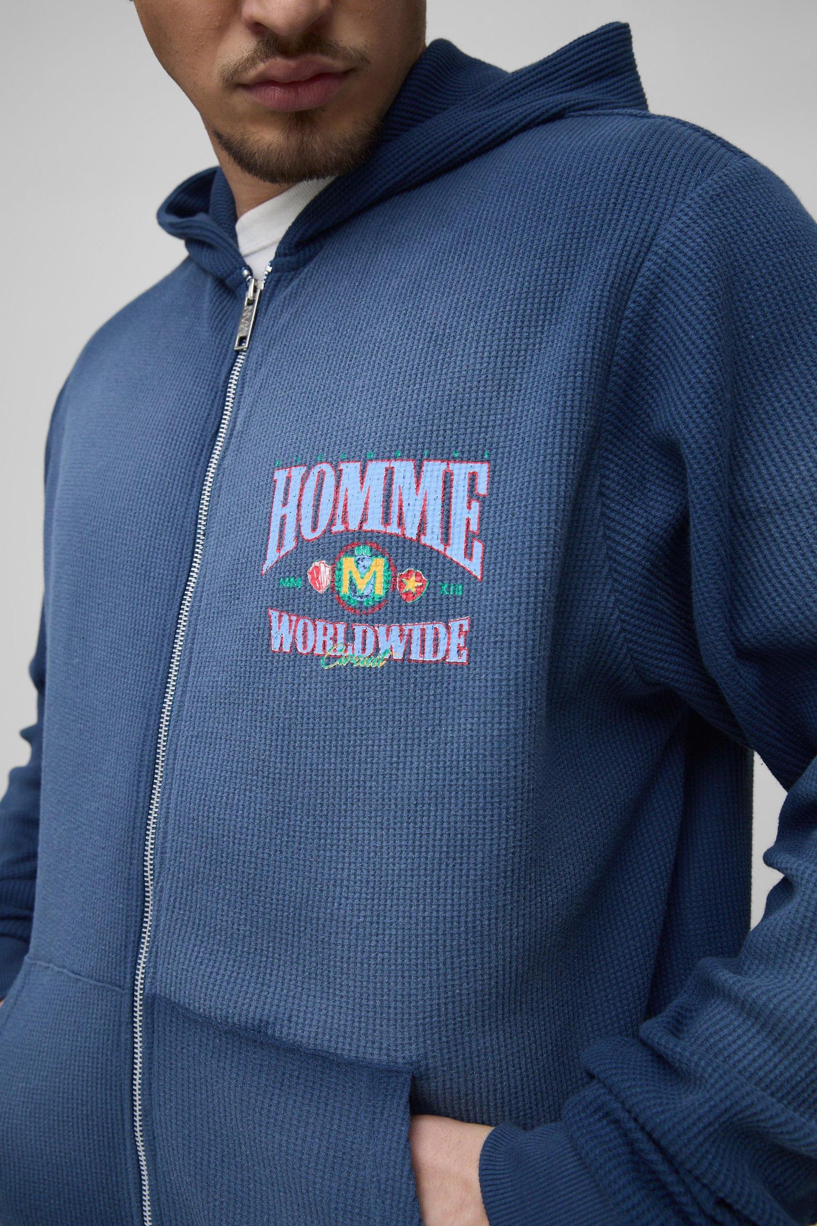 Tall Spray Wash Waffle Graphic Zip Up Hoodie | boohooMAN USA Product Image