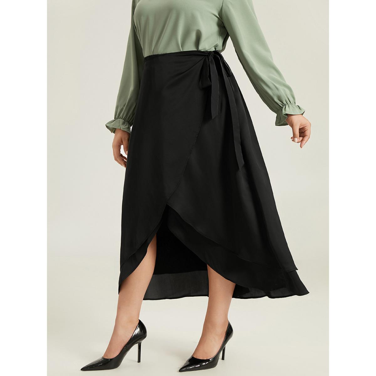 Plus Size Ruffles Ties Asymmetrical Hem Skirt Women Black Office Plain No stretch Work Skirts BloomChic 14-16/1X Product Image