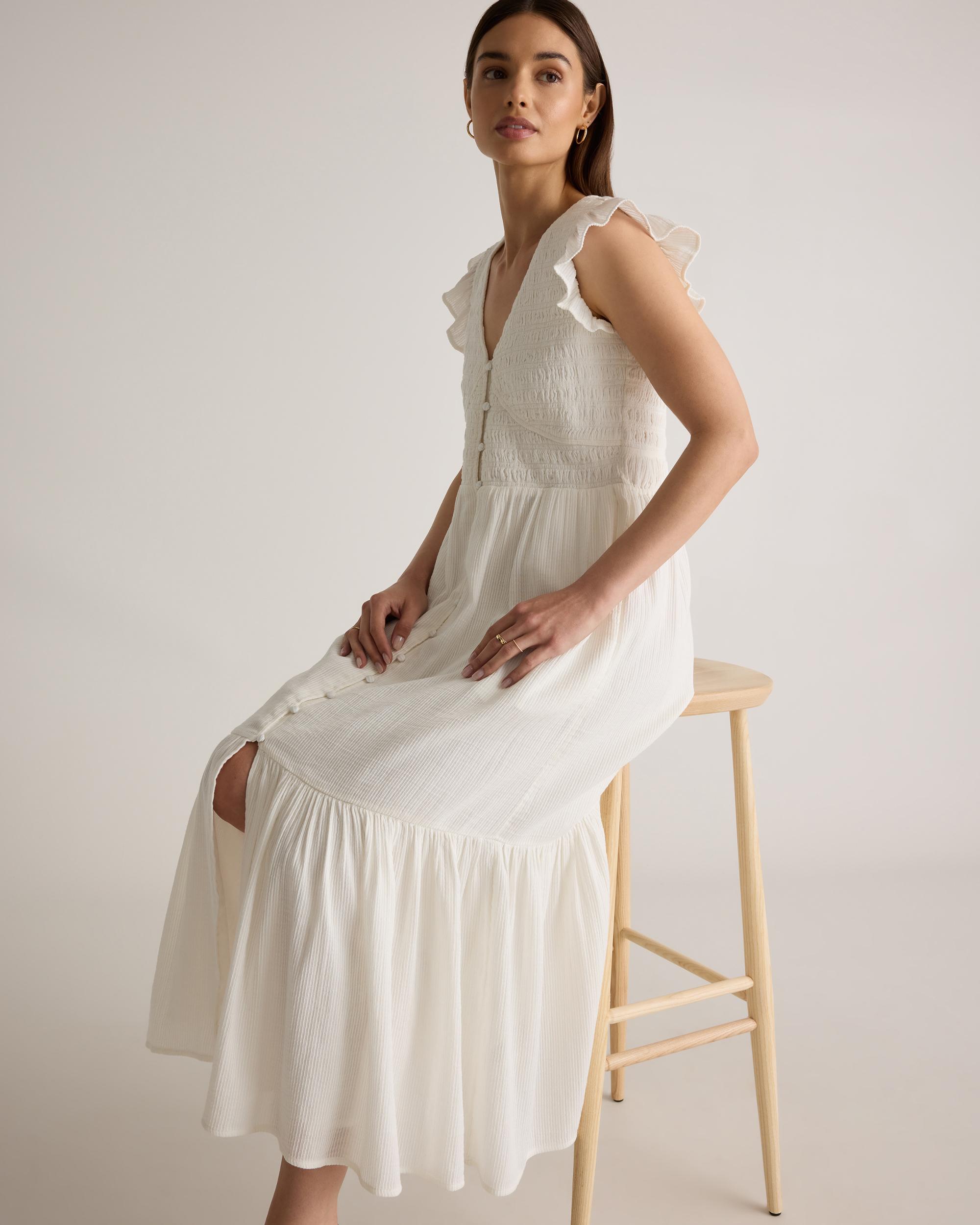 Quince | Women's Organic Textured Cotton Smocked V-Neck Midi Dress Organic Cotton Product Image