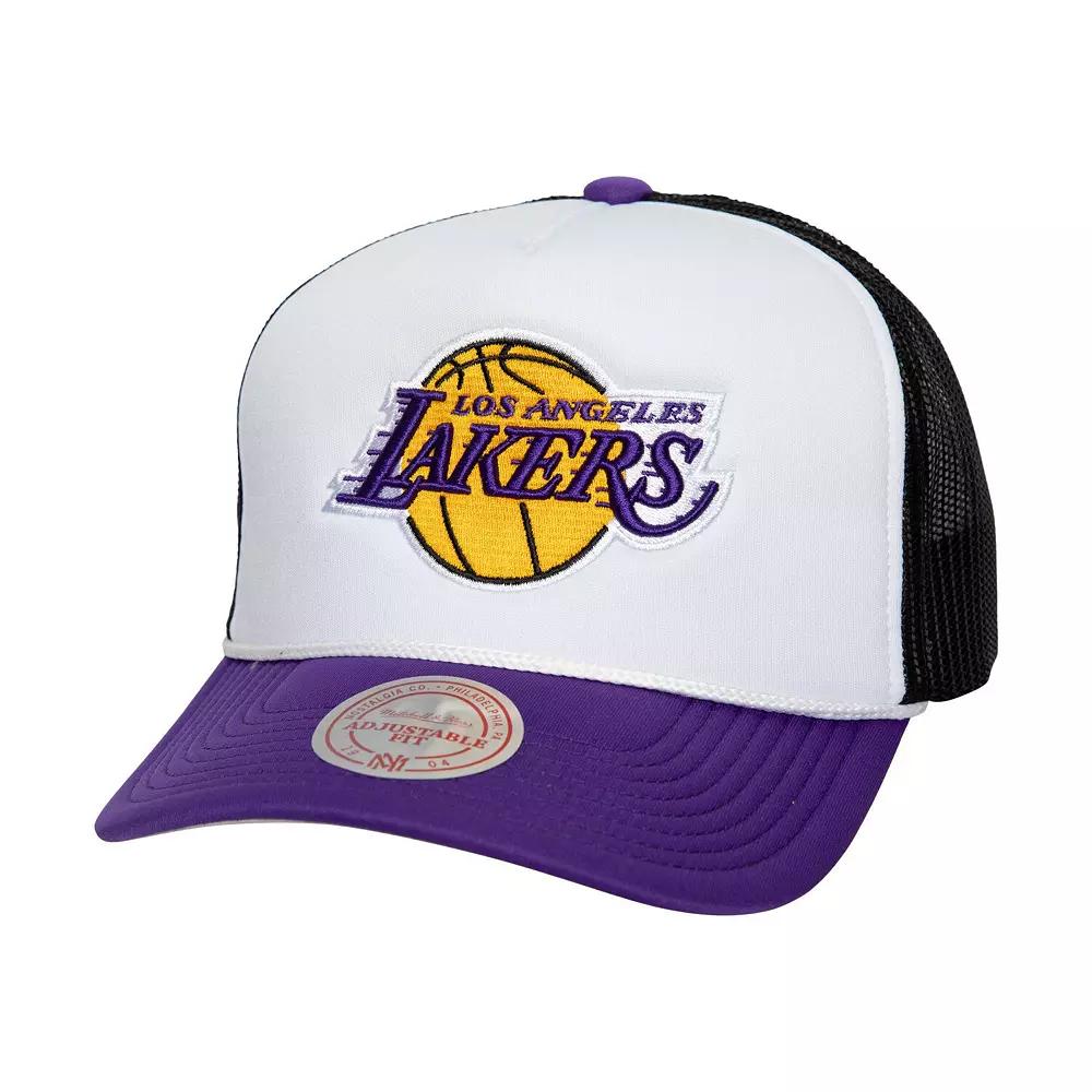 Men's Mitchell & Ness White Los Angeles Lakers Hardwood Classics Blocker Foam Front Trucker Snapback Hat Product Image
