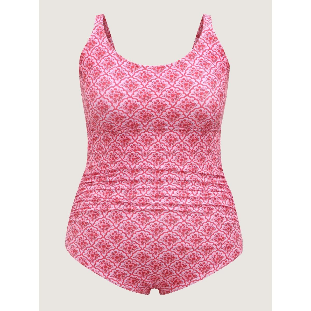 Plus Size Geometric Print Ruched One-Piece Swimsuit Women's Swimwear Peach Resort Gathered Curve Bathing Suits High stretch One Pieces BloomChic 26/4X Product Image